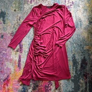 Eloquii Ruched Asymmetric Long-Sleeve Fuchsia Dress With Over The Shoulder Sash